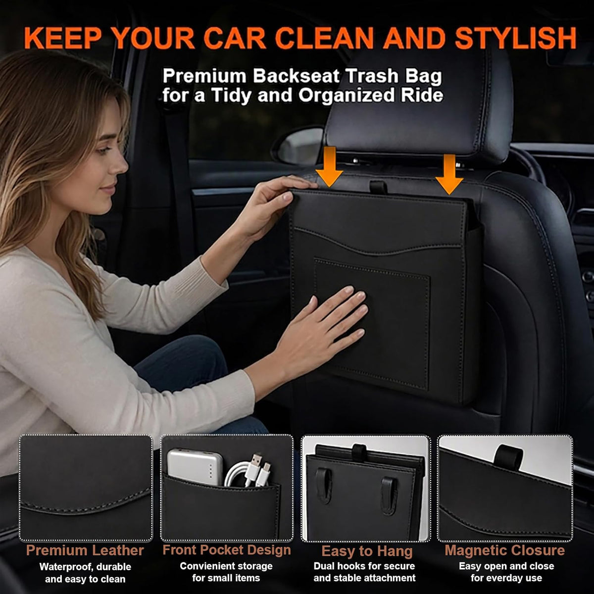 Car Trash Can, Magnetic Leather Seat Back Organizer with Storage Pocket,