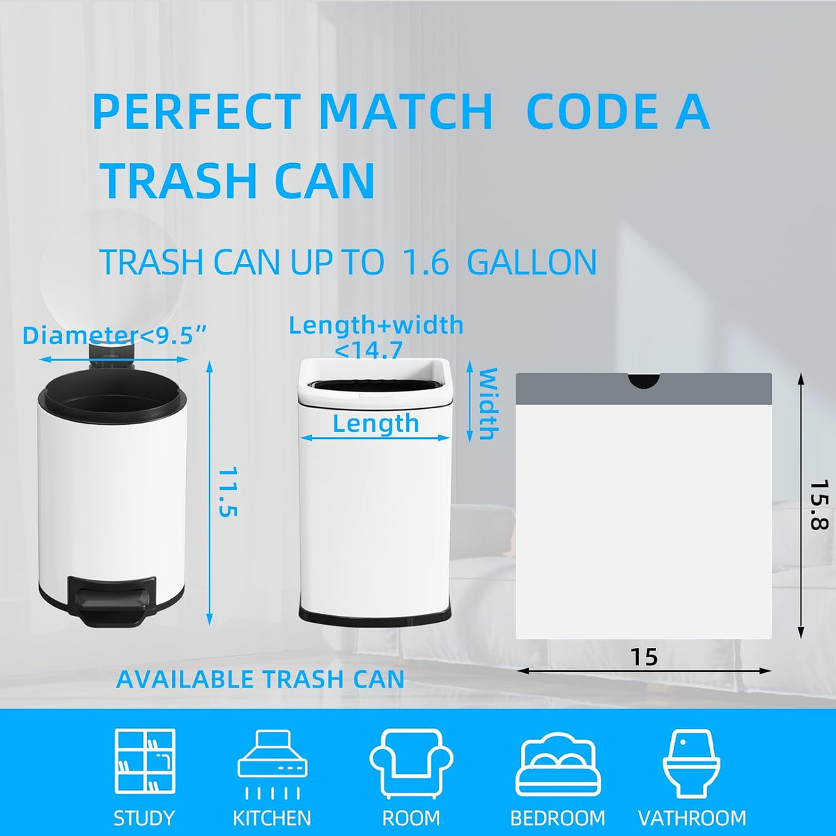 120 Counts 1.6 Gallon Mini Drawstring Trash Bags, Small Garbage Bags by KSSKSS, Code a fit 4.5-8 Liter, 1.2-2 Gal, White Trash Bin Liners for Home Office Kitchen Bathroom Bedroom