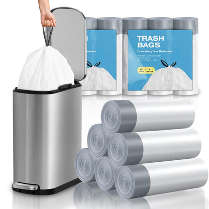 120 Counts 1.6 Gallon Mini Drawstring Trash Bags, Small Garbage Bags by KSSKSS, Code a fit 4.5-8 Liter, 1.2-2 Gal, White Trash Bin Liners for Home Office Kitchen Bathroom Bedroom