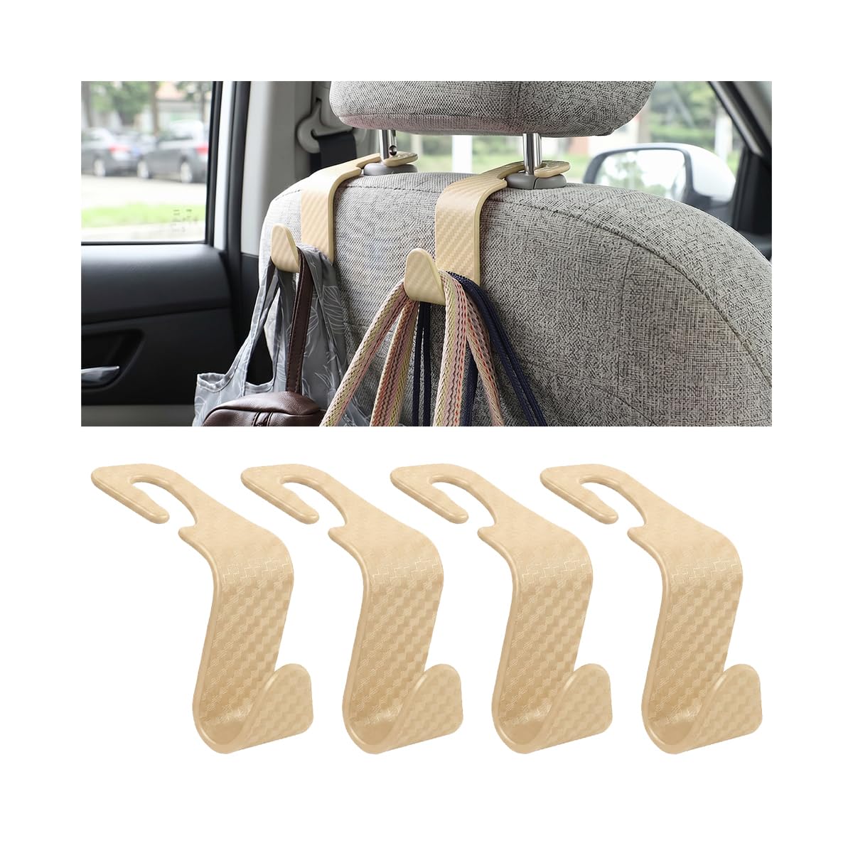 4 Pack Headrest Hooks for Vehicle Seats, Carbon Fiber/Red