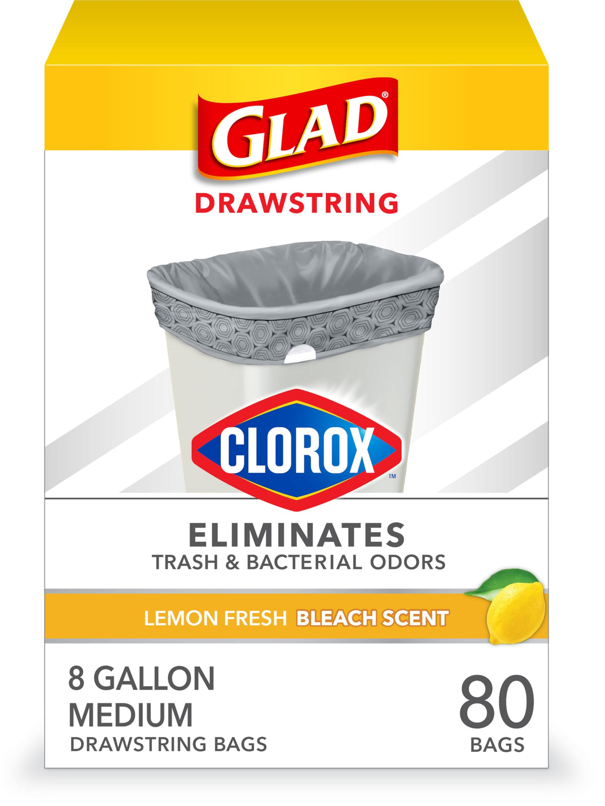 Glad Medium Drawstring Trash Bags, Rip and Tear Resistant, Fresh Clean Scented Garbage Bags, Odor Control, Febreze Freshness, 8 Gallon Trash Bags, 80 Count