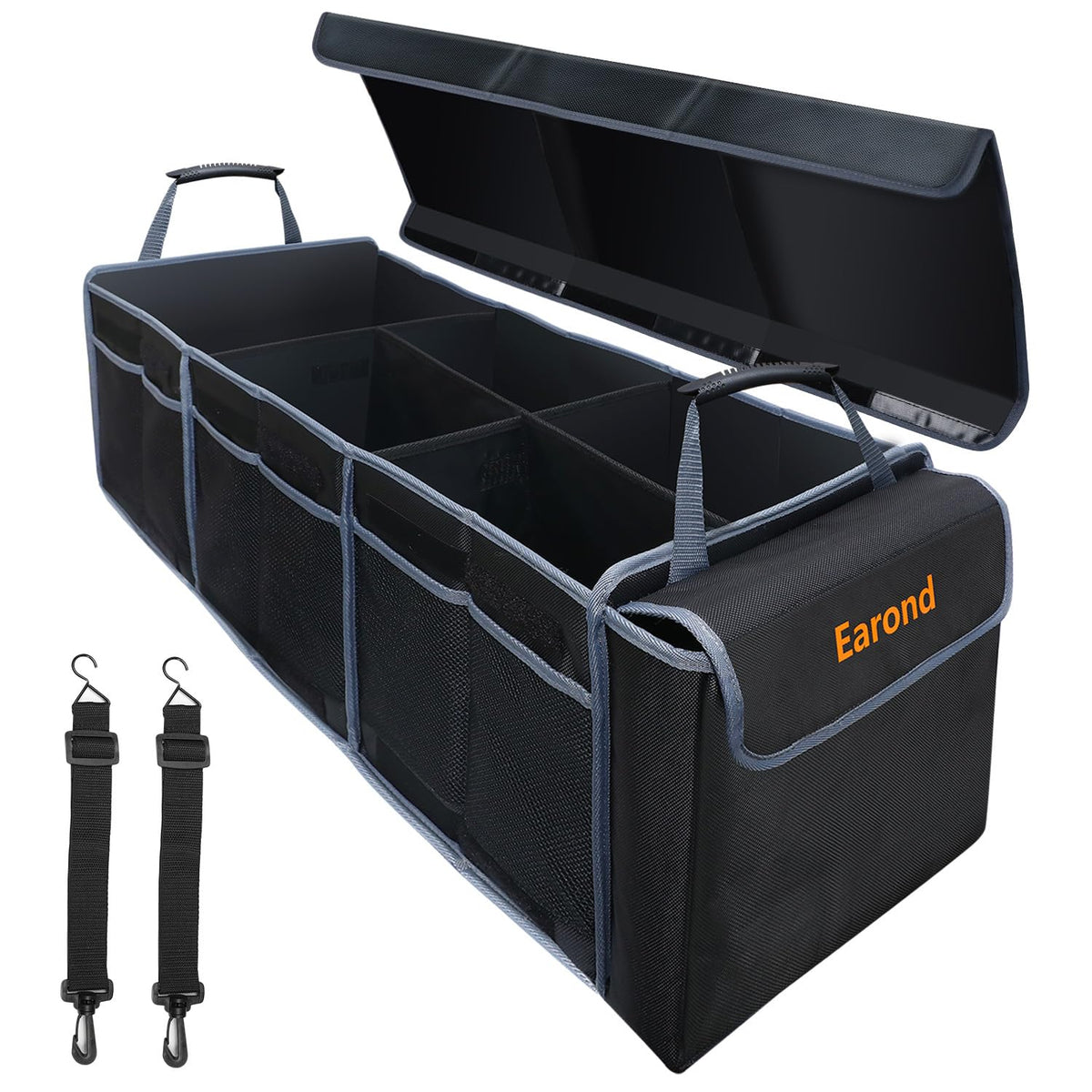 Collapsible Trunk Organizer with Insulated Leakproof Cooler Bag,Removable Lid,Adjustable Securing Straps,3 Compartments Trunk Organizer for SUV,Truck,Sedan(Grey & Black)