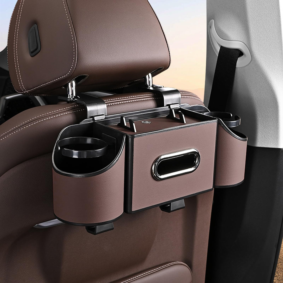 Back Seat Car Organizer,4 in 1 Multifunctional Car Back Seat Storage Box with Drink Cup Holder Tissue Box, for Hold Phone,Snacks, Drinks, Handbag