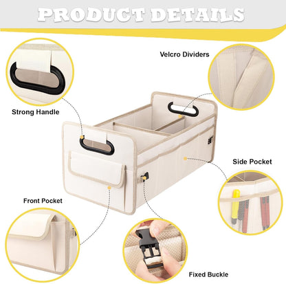 JiatuA Car Trunk Organizer, Car Organizers and Storage Collapsible Multi Compartment Container Box, Adjustable Car Accessories for SUV Sedan Truck, Standard Size, Beige