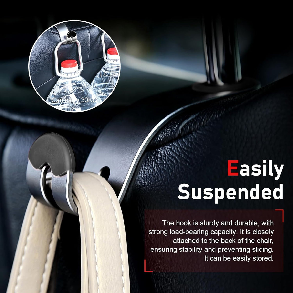 2 PCS Car Seat Headrest Hooks, Solid Alloy Car Purse Hook with 30 kg Load Capacity, Hidden Auto Headrest Hook, Universal Vehicle Storage Organizer for Purse, Backpack, Coats (Black)