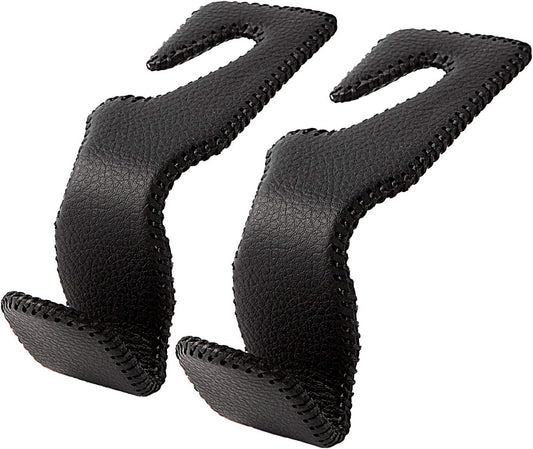 Headrest Hooks for Car, Back Seat Organizer Black Leather Hanger Holder Hook, for Hanging Purses and Bags and Coats, Pack of 2