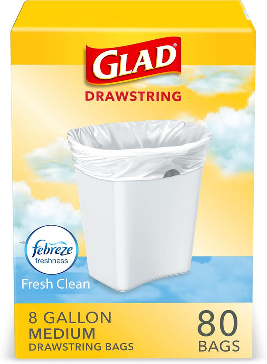 Glad Medium Drawstring Trash Bags, Rip and Tear Resistant, Fresh Clean Scented Garbage Bags, Odor Control, Febreze Freshness, 8 Gallon Trash Bags, 80 Count