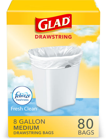 Glad Medium Drawstring Trash Bags, Rip and Tear Resistant, Fresh Clean Scented Garbage Bags, Odor Control, Febreze Freshness, 8 Gallon Trash Bags, 80 Count