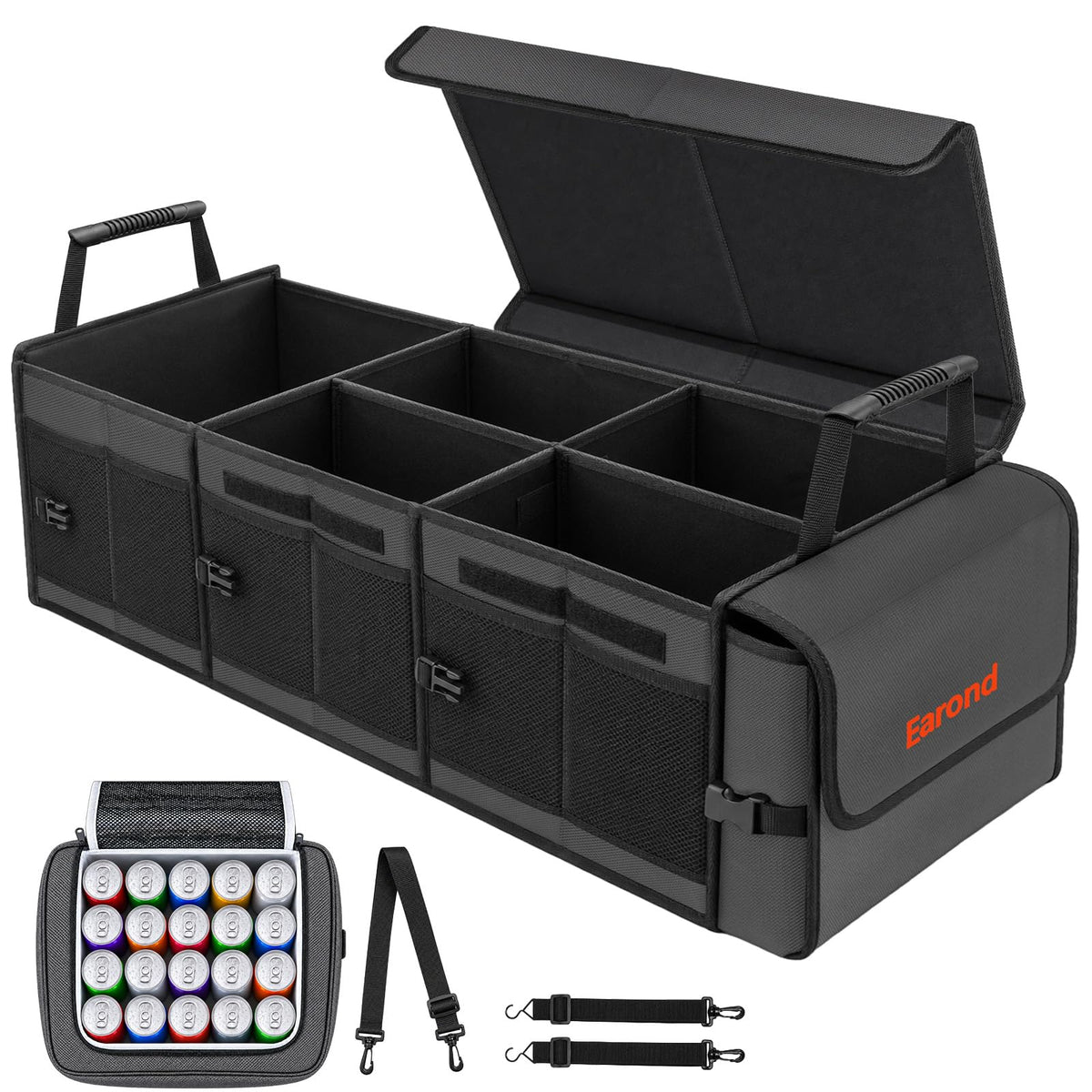 Collapsible Trunk Organizer with Insulated Leakproof Cooler Bag,Removable Lid,Adjustable Securing Straps,3 Compartments Trunk Organizer for SUV,Truck,Sedan(Grey & Black)