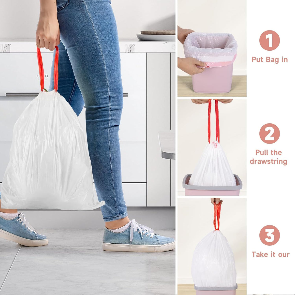 2 Gallon Small Trash-Bags Drawstring Bathroom - White Mini Garbage Bags 60 Count Plastic Unscented 7.5L Tiny Waste Basket Liners Kitchen Office Car Strong Thick Bulk Magesh