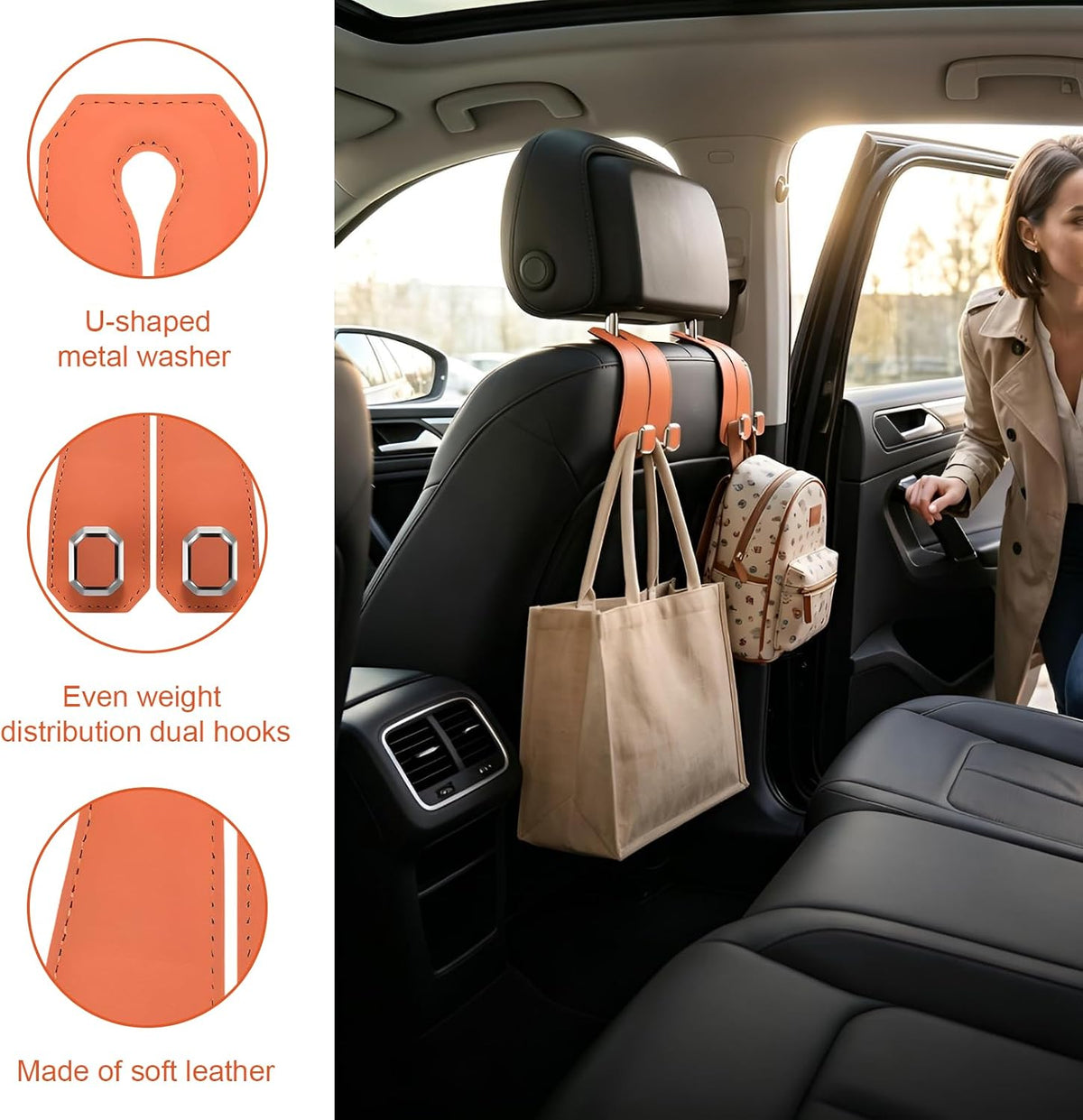 2 PCS Car Seat Headrest Hooks, Double Metal Hook Auto Headrest Back Seat Storage Organizer, Leather Bag Purse Hanger Interior Organizer for Most Vehicles, Car Accessories (Orange)