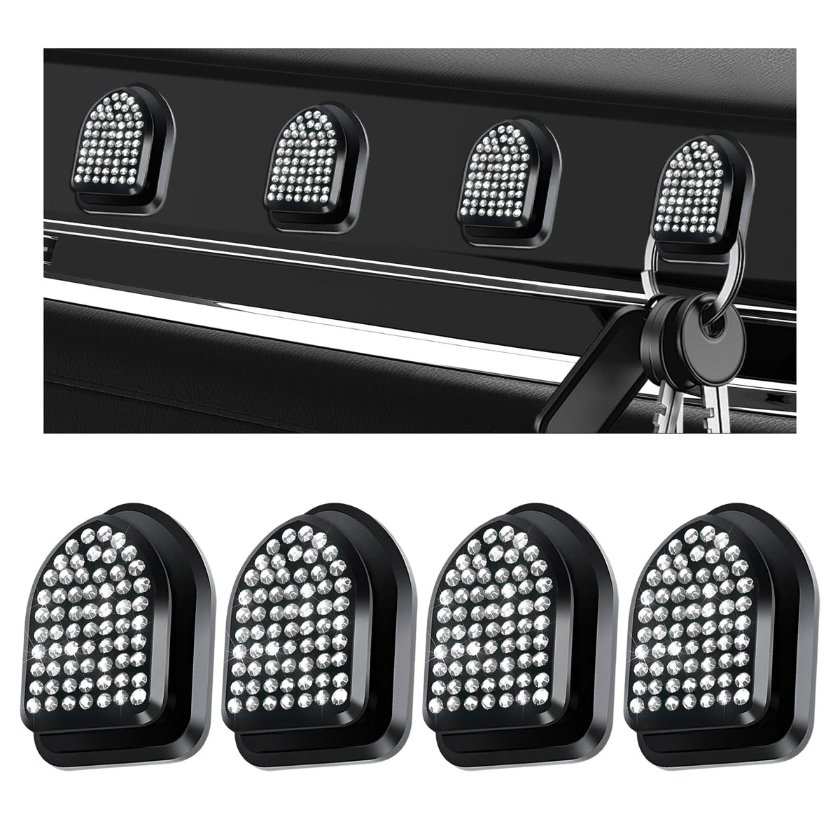 4PCS Bling Car Mini Hooks, Cute Crystal Auto Backseat Hanger Adhesive Storage Hooks, Multifunctional Rhinestone Vehicle Dashboard Hook Hanging Organizer for Key Mask Cable (Green)