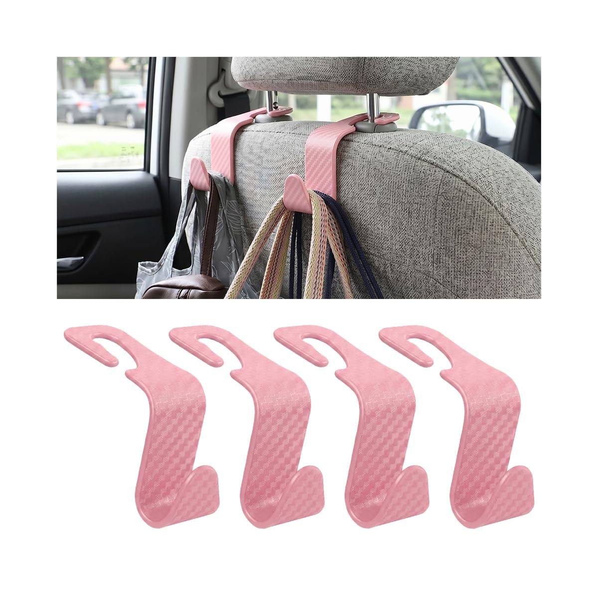 4 Pack Headrest Hooks for Vehicle Seats, Carbon Fiber/Red