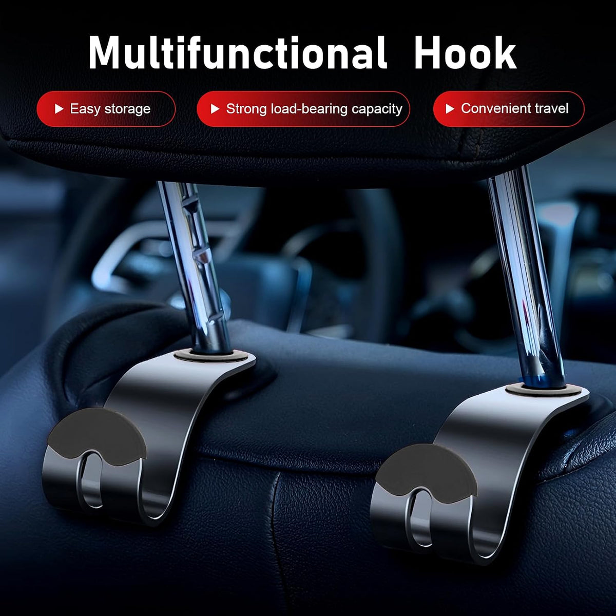 2 PCS Car Seat Headrest Hooks, Solid Alloy Car Purse Hook with 30 kg Load Capacity, Hidden Auto Headrest Hook, Universal Vehicle Storage Organizer for Purse, Backpack, Coats (Black)