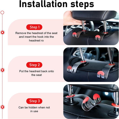 2 PCS Car Seat Headrest Hooks, Solid Alloy Car Purse Hook with 30 kg Load Capacity, Hidden Auto Headrest Hook, Universal Vehicle Storage Organizer for Purse, Backpack, Coats (Black)