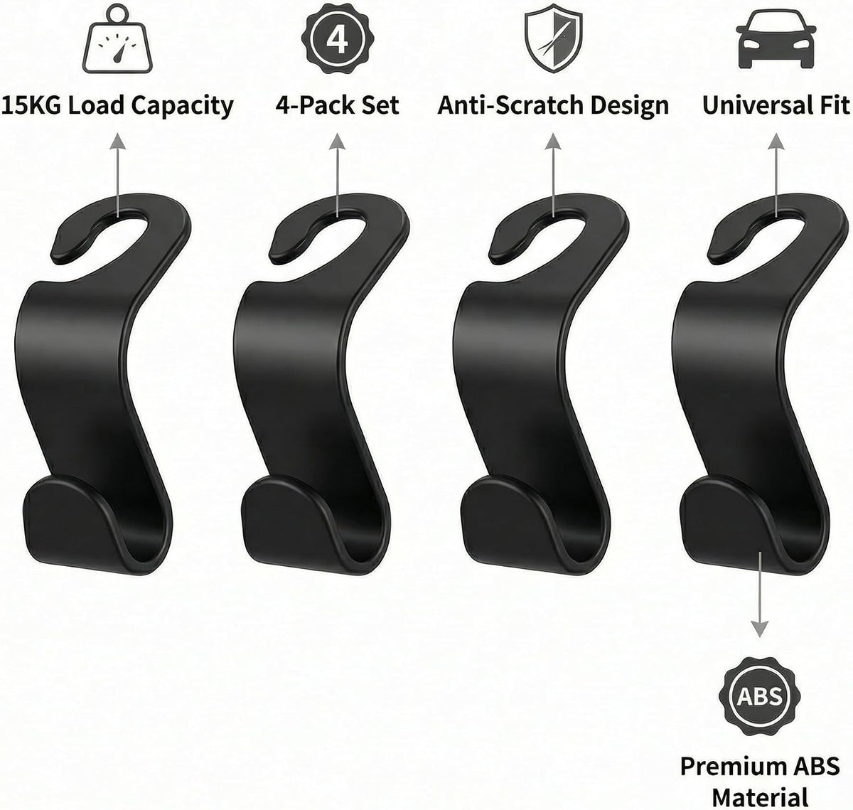 4 Pack Car Seat Headrest Hooks - Universal Back Seat Hanger for Purses, Grocery Bags, and Handbags - Stylish Black Car Organizer Hooks for Interior Storage, Easy Installation, Fits Most Vehicles