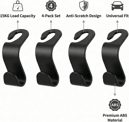 4 Pack Car Seat Headrest Hooks - Universal Back Seat Hanger for Purses, Grocery Bags, and Handbags - Stylish Black Car Organizer Hooks for Interior Storage, Easy Installation, Fits Most Vehicles
