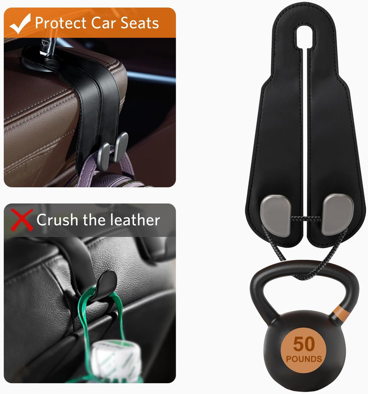 CoBak Purse Hook for Car - Universal Premium Stitched Leather and Aluminum-Magnesium Alloy Double Car Seat Back Storage Hook for Purses, Handbags, Bags (2 Pack),Black