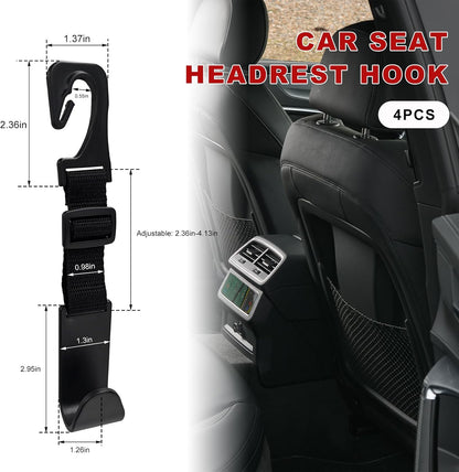 4PCS Car Seat Headrest Hook, Adjustable Vehicle Backseat Hanger Storage Organizer, Universal Seat Back Holder Hooks for Purse Coat Grocery Bag, Car Accessories (Black)
