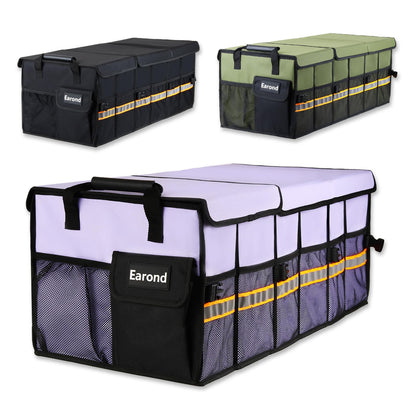 Collapsible Trunk Organizer with Insulated Leakproof Cooler Bag,Removable Lid,Adjustable Securing Straps,3 Compartments Trunk Organizer for SUV,Truck,Sedan(Grey & Black)