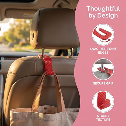 4 Pack Headrest Hooks for Vehicle Seats, Carbon Fiber/Red