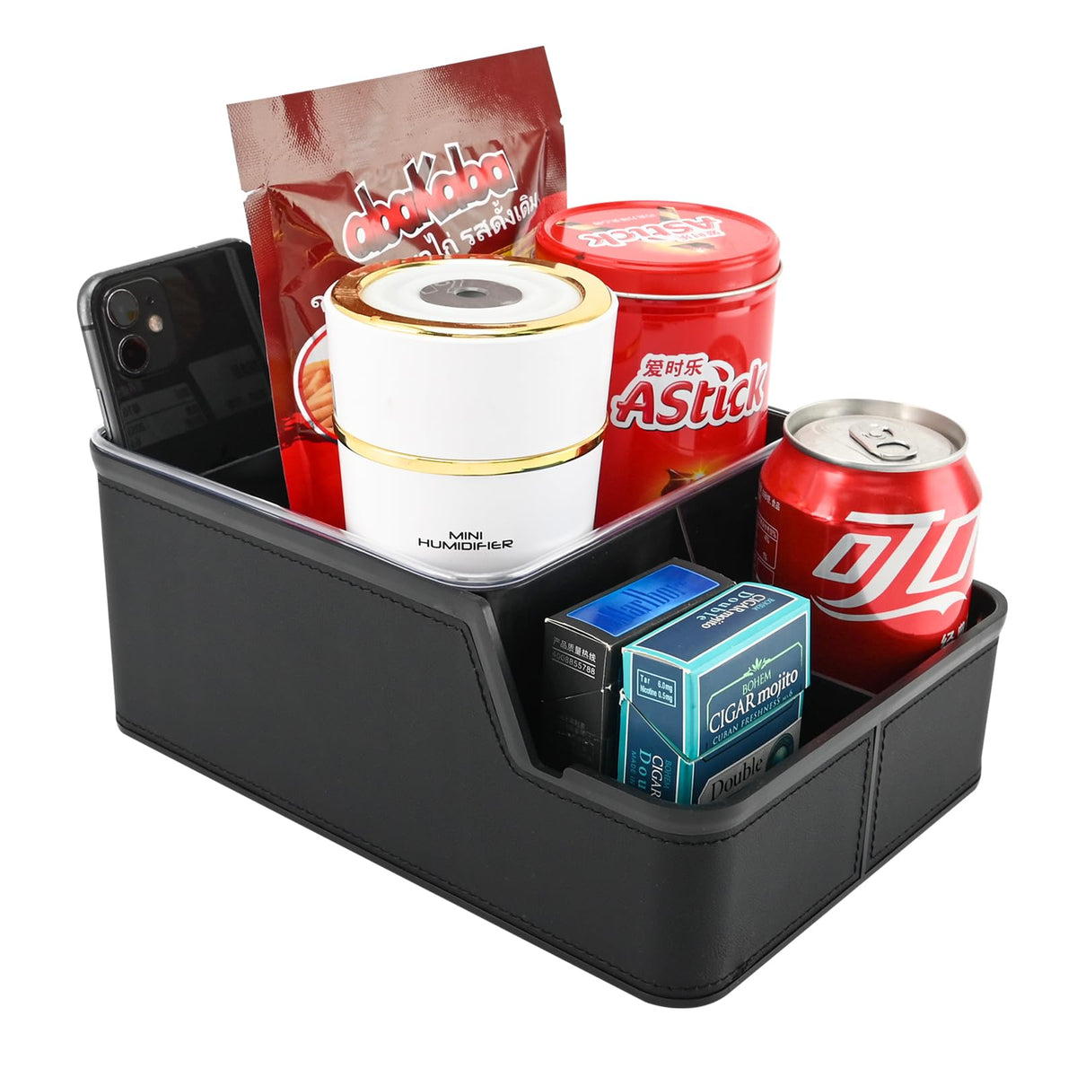 Car Storage Organizer Between Seats,Center Console Armrest Storage Box Back Seat Organizer with Small Compartment Car Interior Storage Box,Cup Holder Tray with Non-slip Mat(Black)
