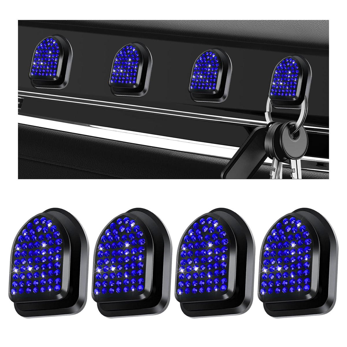 4PCS Bling Car Mini Hooks, Cute Crystal Auto Backseat Hanger Adhesive Storage Hooks, Multifunctional Rhinestone Vehicle Dashboard Hook Hanging Organizer for Key Mask Cable (Green)