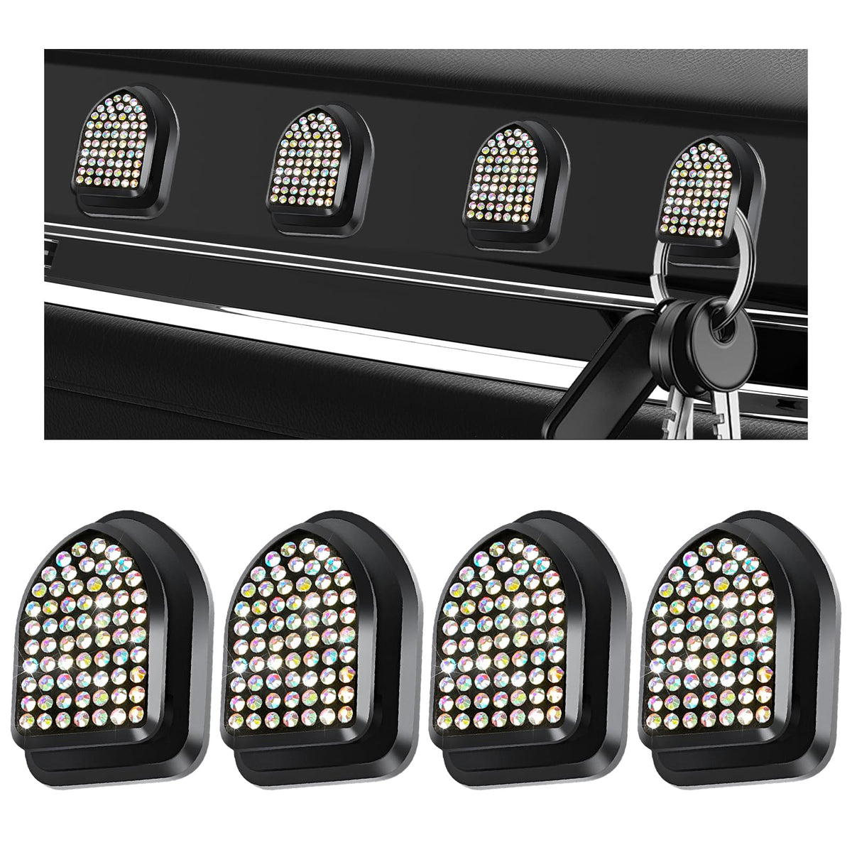 4PCS Bling Car Mini Hooks, Cute Crystal Auto Backseat Hanger Adhesive Storage Hooks, Multifunctional Rhinestone Vehicle Dashboard Hook Hanging Organizer for Key Mask Cable (Green)