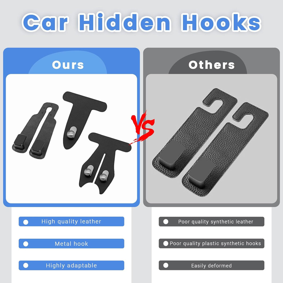 2 Pcs Car Hooks for Passenger Glove Box, Self-Adhesive Headrest Hooks for Car Holder, Leather Car Purse Hook for Bags, Car Seat Back Storage Hook Accessories Organization (Front Single Hook)
