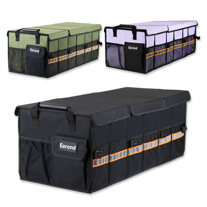 Collapsible Trunk Organizer with Insulated Leakproof Cooler Bag,Removable Lid,Adjustable Securing Straps,3 Compartments Trunk Organizer for SUV,Truck,Sedan(Grey & Black)