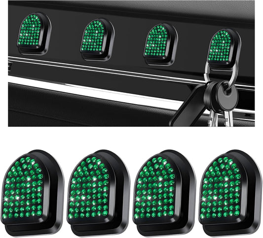 4PCS Bling Car Mini Hooks, Cute Crystal Auto Backseat Hanger Adhesive Storage Hooks, Multifunctional Rhinestone Vehicle Dashboard Hook Hanging Organizer for Key Mask Cable (Green)