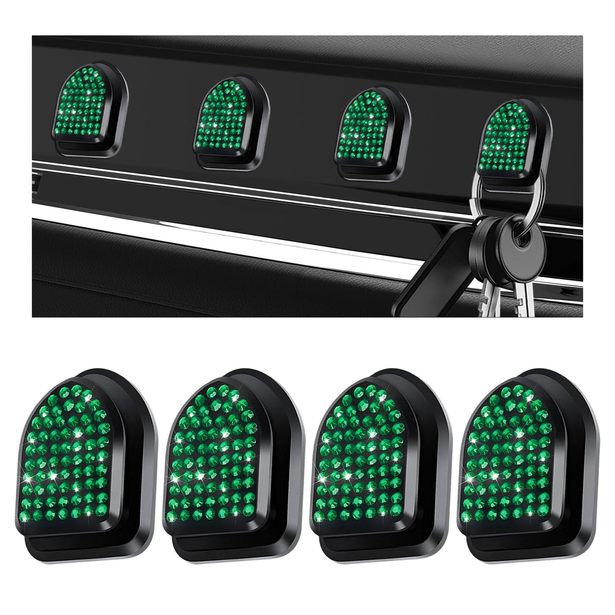 4PCS Bling Car Mini Hooks, Cute Crystal Auto Backseat Hanger Adhesive Storage Hooks, Multifunctional Rhinestone Vehicle Dashboard Hook Hanging Organizer for Key Mask Cable (Green)