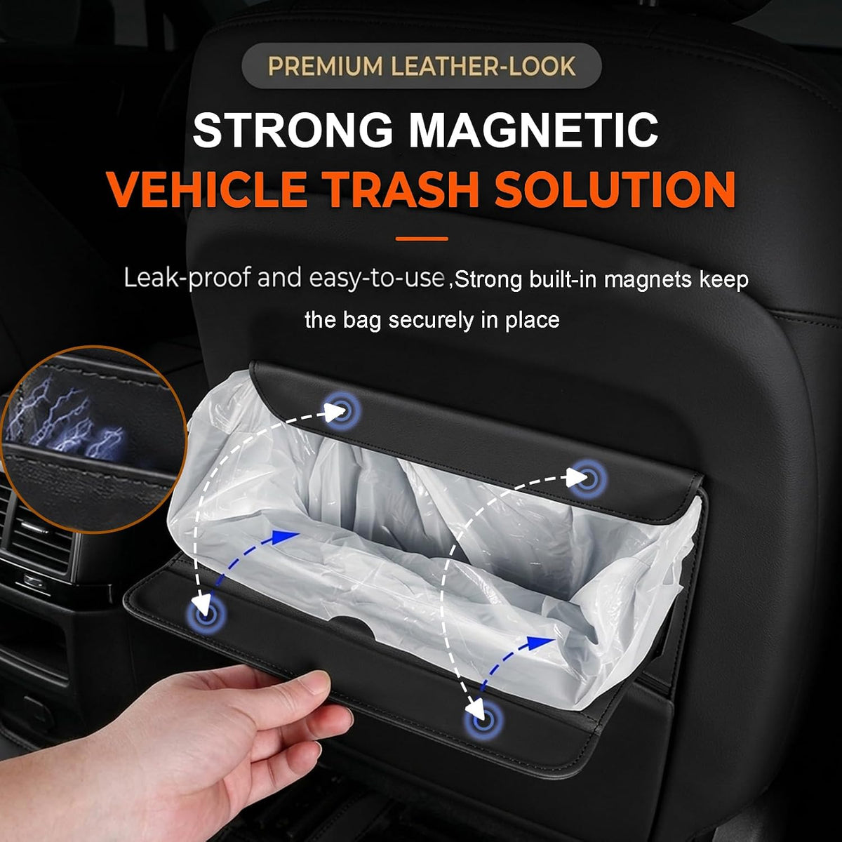 Car Trash Can, Magnetic Leather Seat Back Organizer with Storage Pocket,