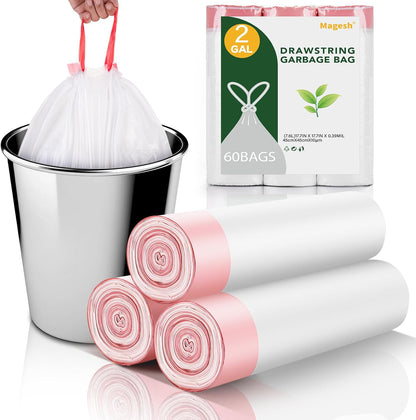 2 Gallon Small Trash-Bags Drawstring Bathroom - White Mini Garbage Bags 60 Count Plastic Unscented 7.5L Tiny Waste Basket Liners Kitchen Office Car Strong Thick Bulk Magesh