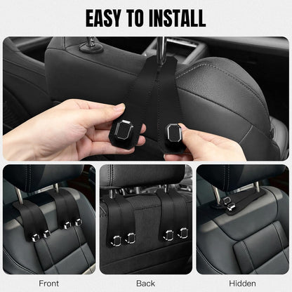 2PCS Car Hooks for Headrest, Faux Leather Purse Hook for Car Seat Back Organizers and Storage, Double Metal Purse Holder Bag Hanger, Universal Car Interior Accessories for Women Man