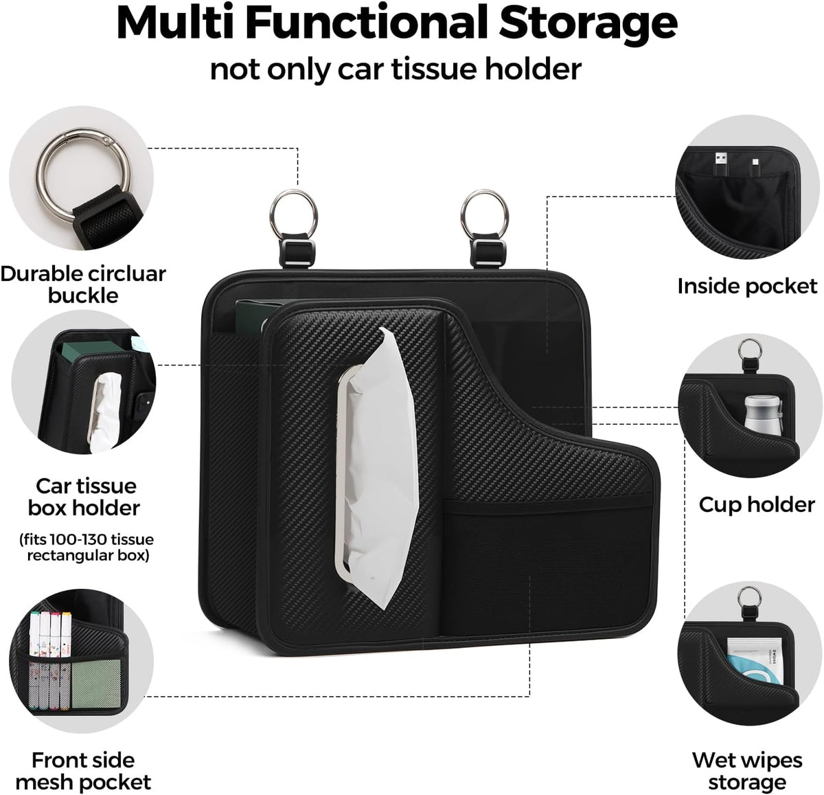 Car Tissue Holder,Back Seat Organizer with Cup Holder,Multifunctional Car Headrest Seat Back Storage,Snack Organizers for Kids,Large Tissue Box Cover Fit for 100-130 Regular Size Tissues