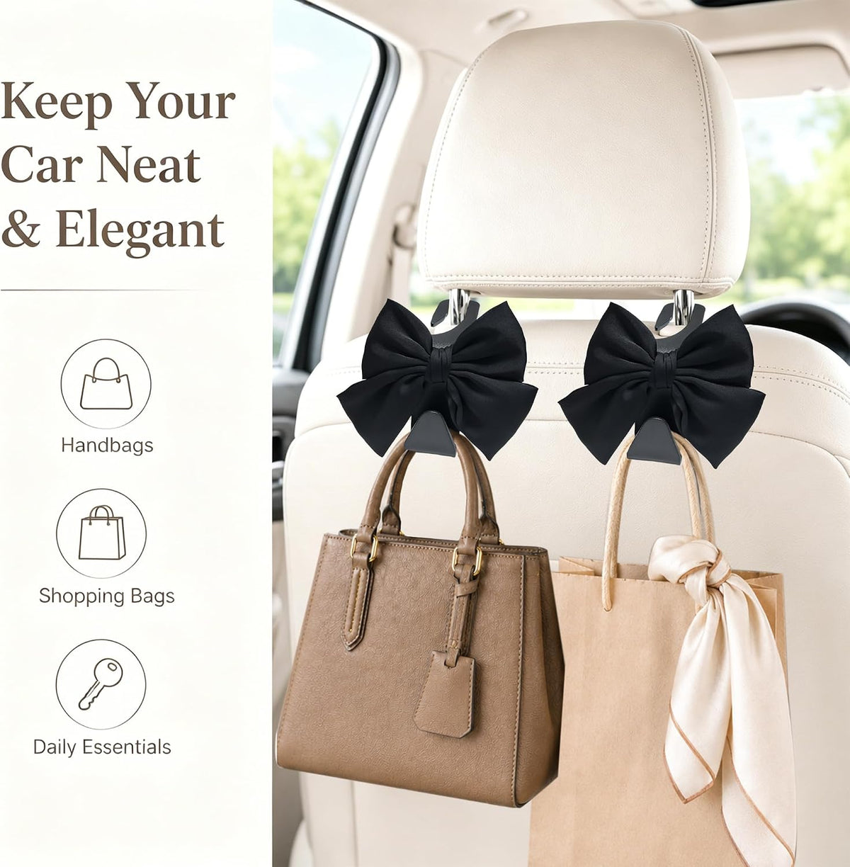 2 Pack Car Purse Hooks, Headrest Hooks for Cars, Black silk
