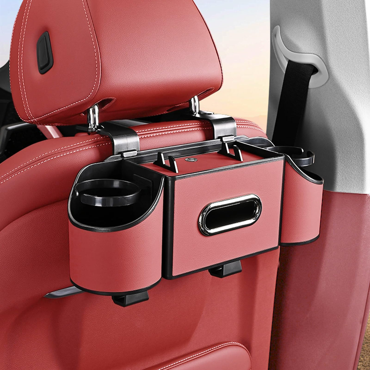 Back Seat Car Organizer,4 in 1 Multifunctional Car Back Seat Storage Box with Drink Cup Holder Tissue Box, for Hold Phone,Snacks, Drinks, Handbag-Black