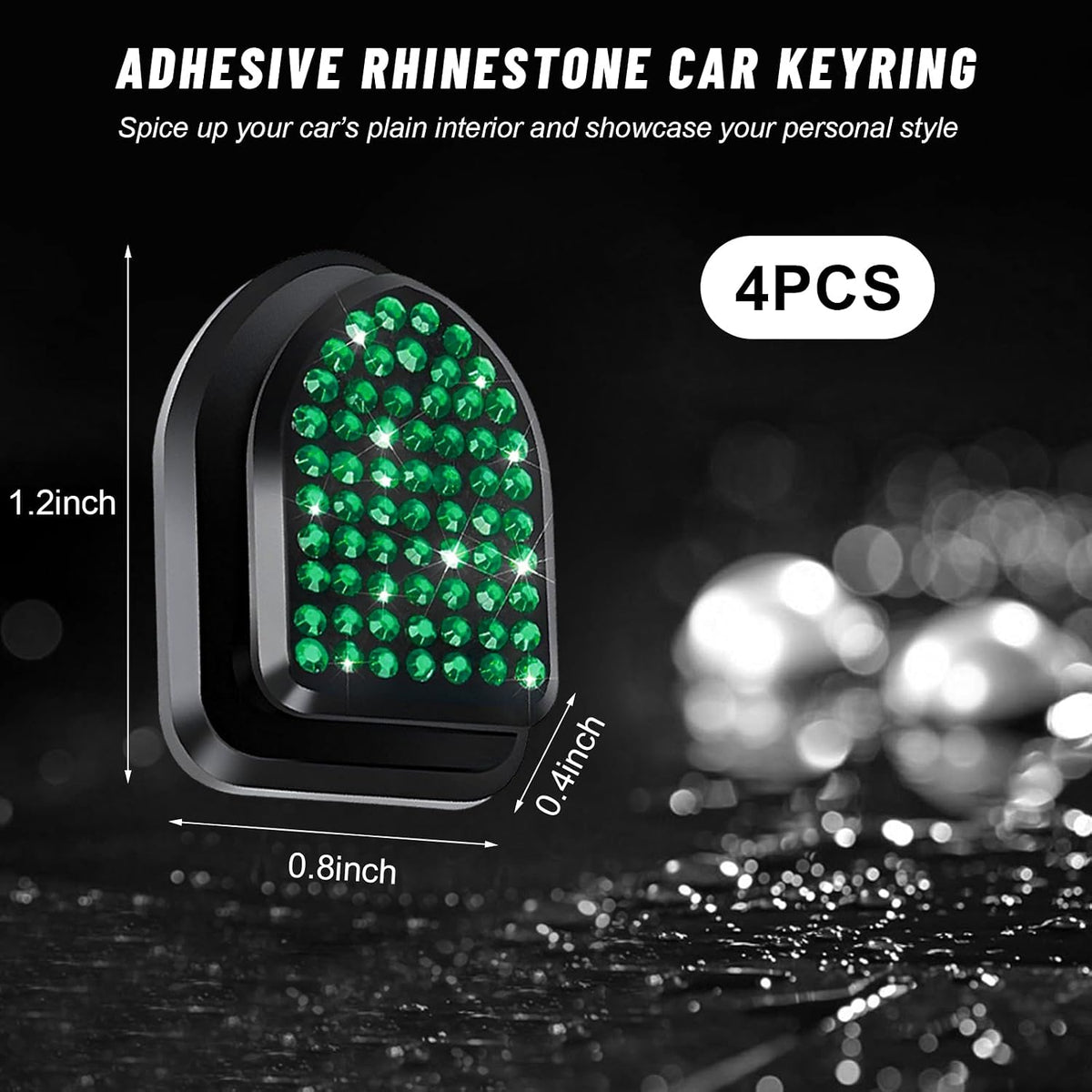 4PCS Bling Car Mini Hooks, Cute Crystal Auto Backseat Hanger Adhesive Storage Hooks, Multifunctional Rhinestone Vehicle Dashboard Hook Hanging Organizer for Key Mask Cable (Green)