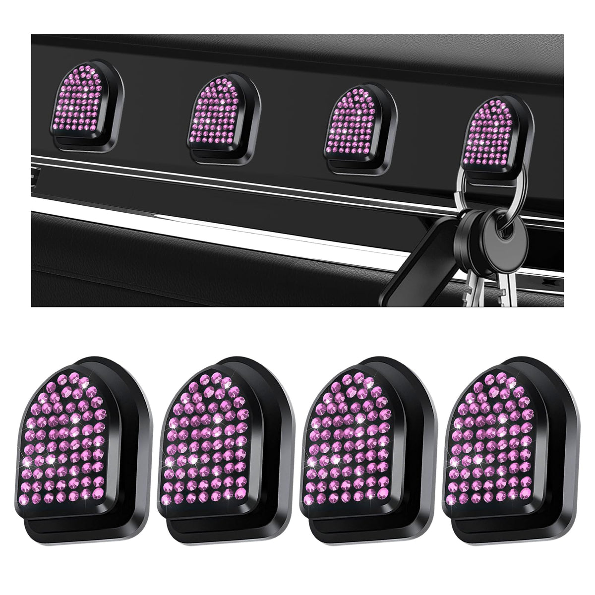4PCS Bling Car Mini Hooks, Cute Crystal Auto Backseat Hanger Adhesive Storage Hooks, Multifunctional Rhinestone Vehicle Dashboard Hook Hanging Organizer for Key Mask Cable (Green)