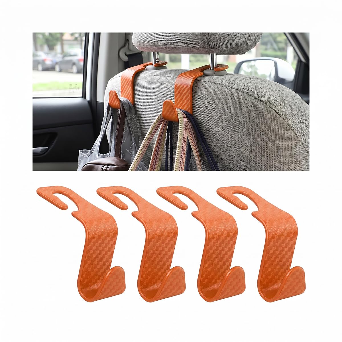 4 Pack Headrest Hooks for Vehicle Seats, Carbon Fiber/Red