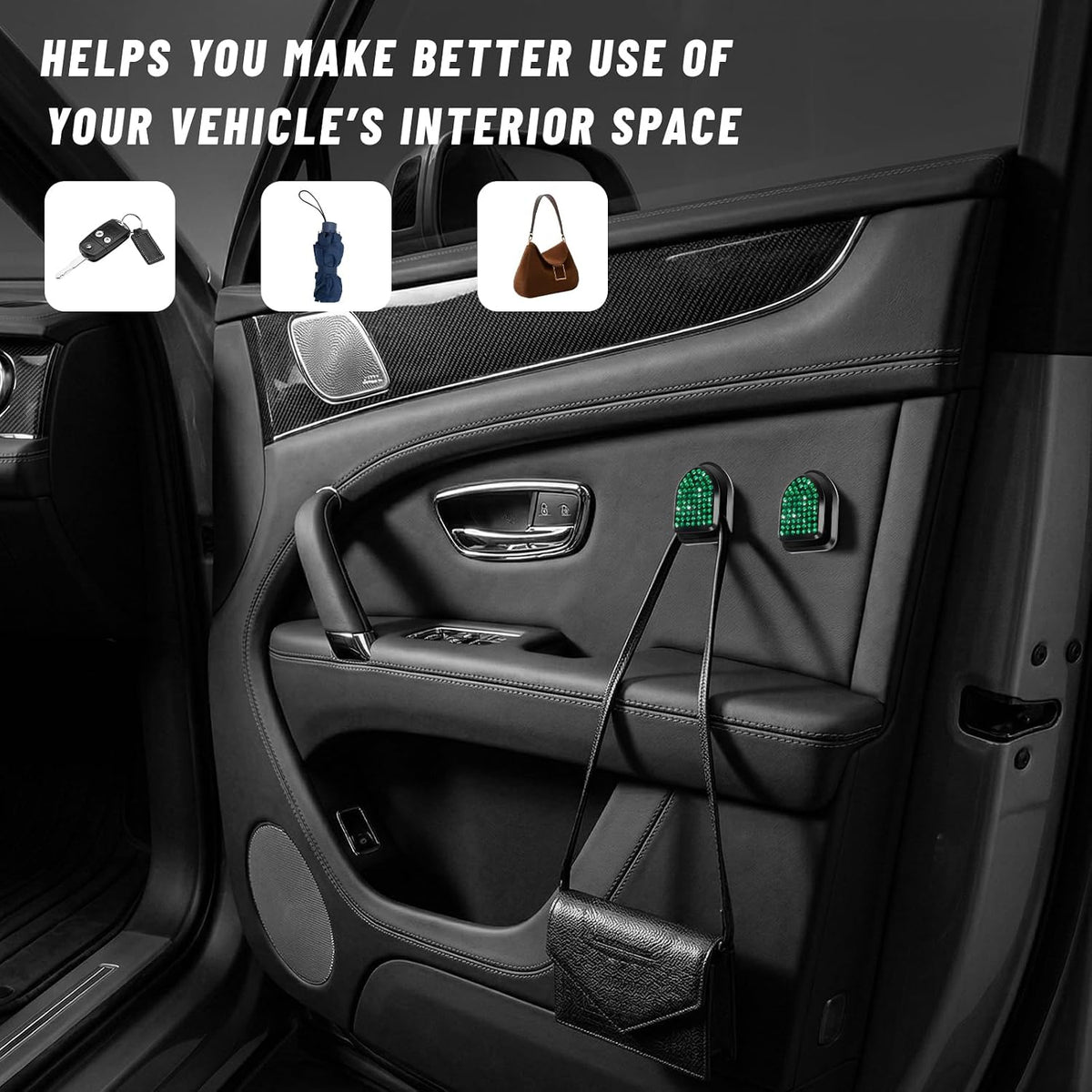 4PCS Bling Car Mini Hooks, Cute Crystal Auto Backseat Hanger Adhesive Storage Hooks, Multifunctional Rhinestone Vehicle Dashboard Hook Hanging Organizer for Key Mask Cable (Green)