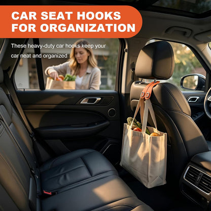 2 PCS Car Seat Headrest Hooks, Double Metal Hook Auto Headrest Back Seat Storage Organizer, Leather Bag Purse Hanger Interior Organizer for Most Vehicles, Car Accessories (Orange)