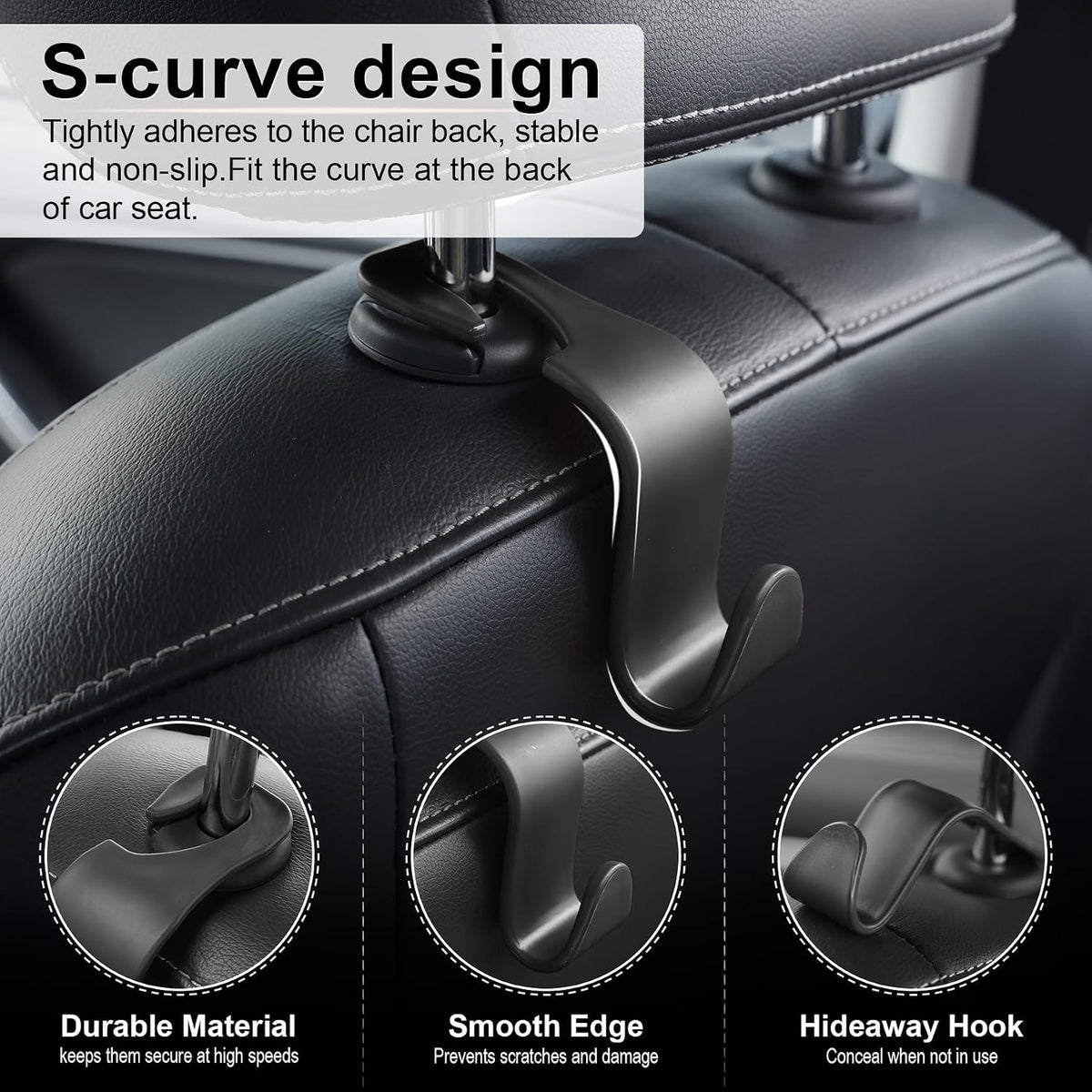 LivTee Car Seat Headrest Hook, Auto Seat Hook Hangers Storage Organizer Interior Accessories for Purse Coats Umbrellas Grocery Bags Handbag, 4-Pack
