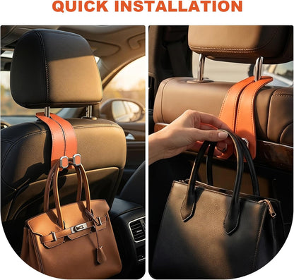 2 PCS Car Seat Headrest Hooks, Double Metal Hook Auto Headrest Back Seat Storage Organizer, Leather Bag Purse Hanger Interior Organizer for Most Vehicles, Car Accessories (Orange)