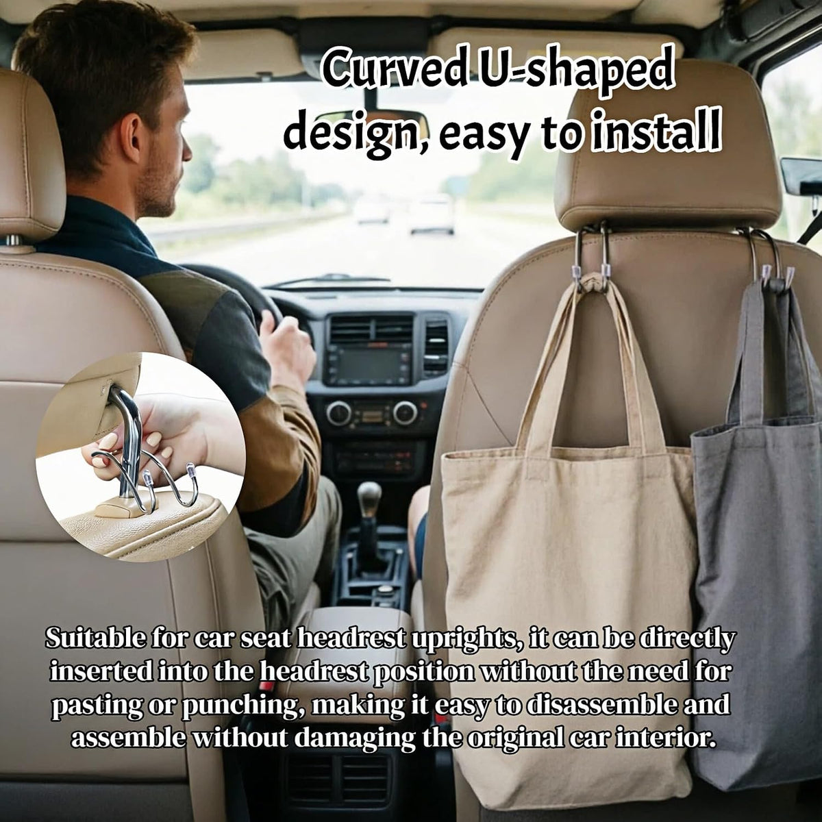 2 Pack Stainless Steel Car Headrest Hooks, Universal Hidden Backseat Hanger Organizer,Heavy Duty Car Seat Hook for Bag, Coat,Grocery Bag,Umbrella,Multi-Purpose Vehicle Storage Accessories