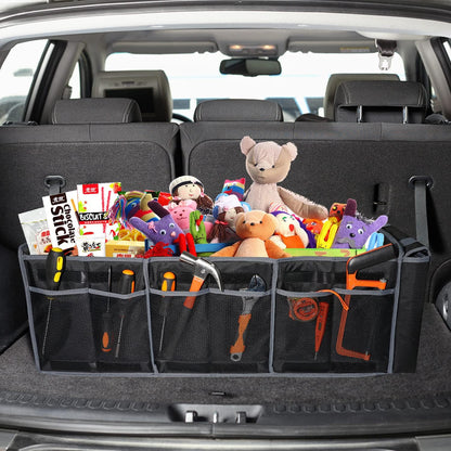 Collapsible Trunk Organizer with Insulated Leakproof Cooler Bag,Removable Lid,Adjustable Securing Straps,3 Compartments Trunk Organizer for SUV,Truck,Sedan(Grey & Black)