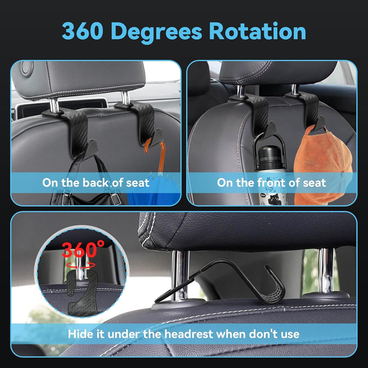 USSDE Car Seat Hooks Vehicle Headrest Back Storage Organizer 4 Pack for Purses Bags backpacks Groceries Hanger Holder - Universal Sturdy Holds 55lbs 360° Rotating (Style A/Carbon Fiber)