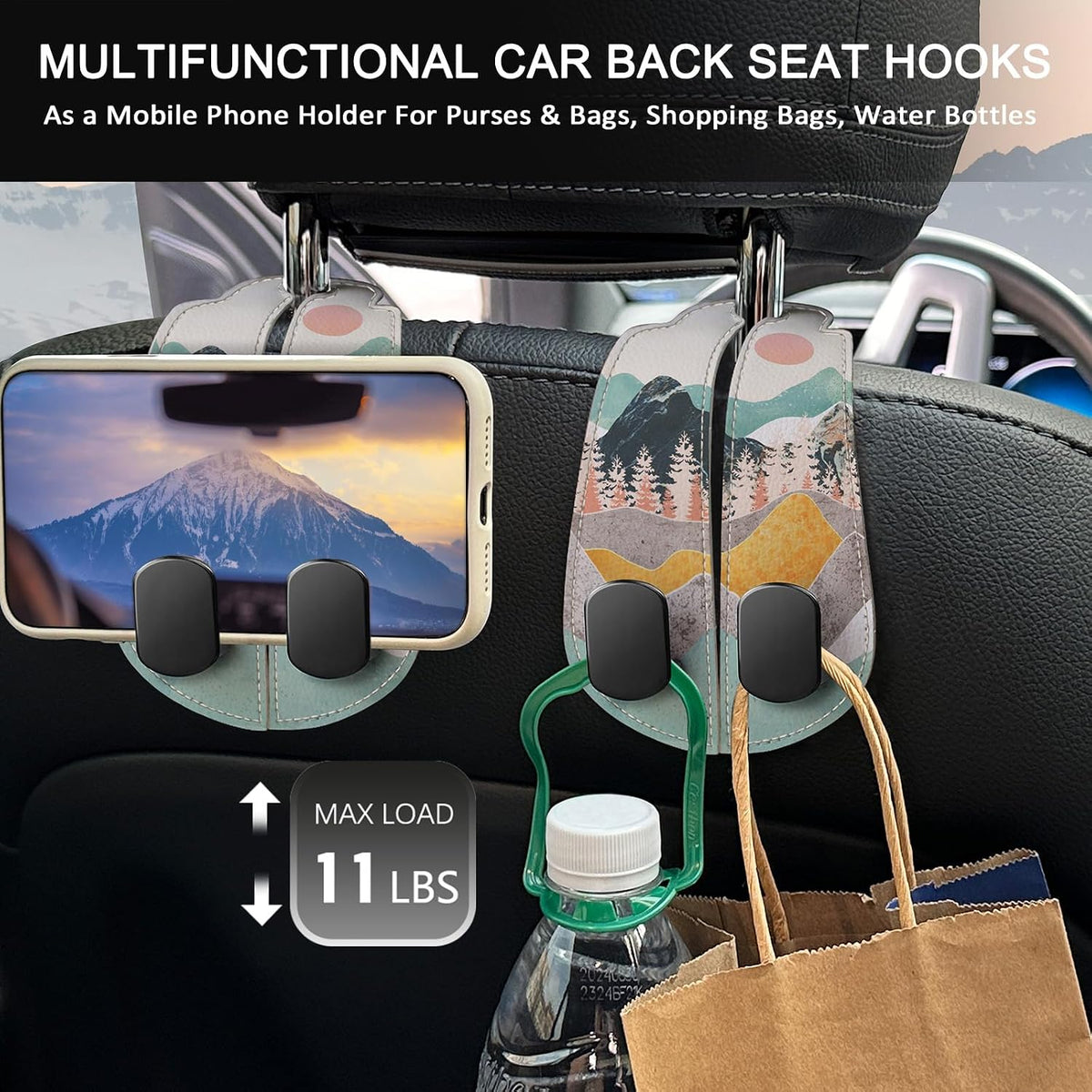 Blusabaca 2PCS Car Seat Headrest Hooks, Purses Bags Holder, Sunrise