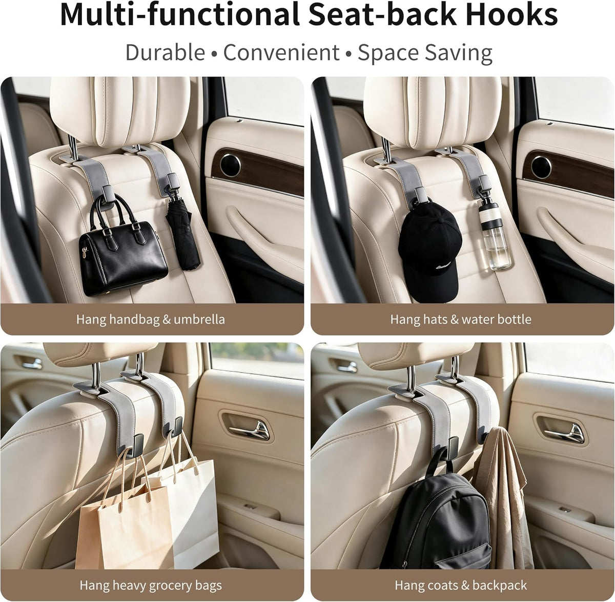 Amooca Suede Car Seat Hook 2 Pack Metal Headrest Hanger for Handbag